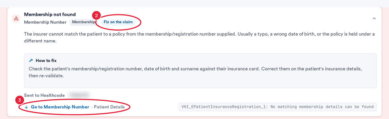 An expanded error card showing the Fix on the claim badge, How to fix, Sent to Healthcode and the Go to Membership Number button