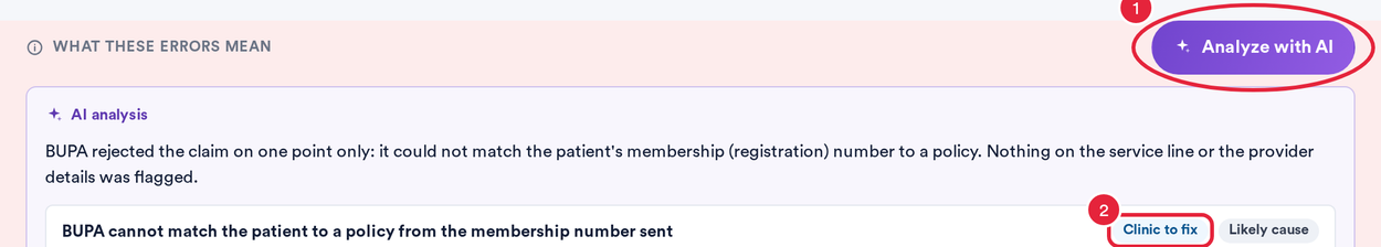 The Analyze with AI button and the AI analysis panel with a Clinic to fix finding marked