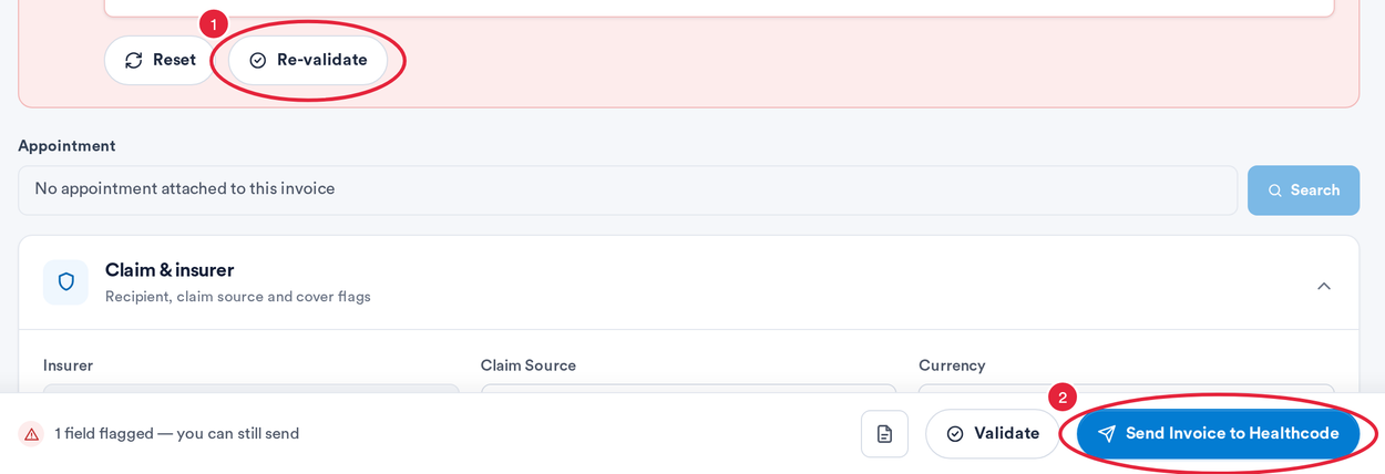 The Reset and Re-validate buttons and the Send Invoice to Healthcode button marked