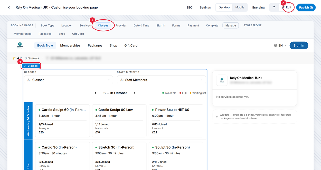 Pabau Studio on the Classes page with the Classes tab, the Edit button and the Classes label marked