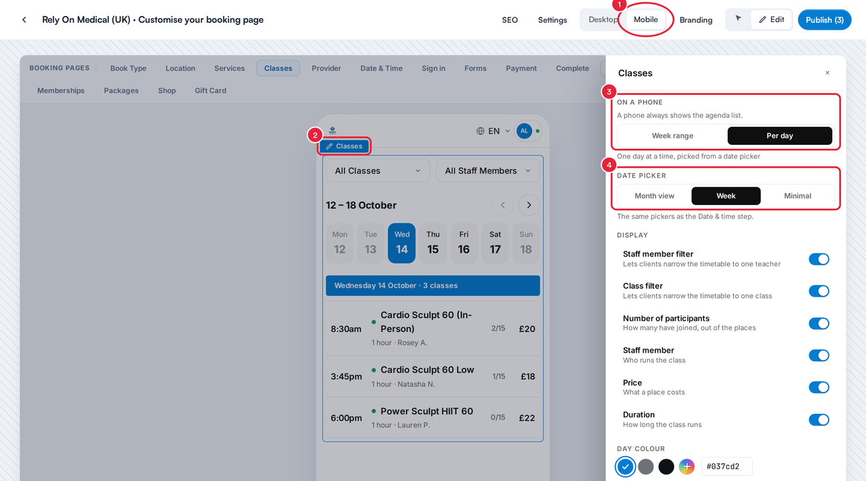 Studio in Mobile view with the On a phone and Date picker settings marked