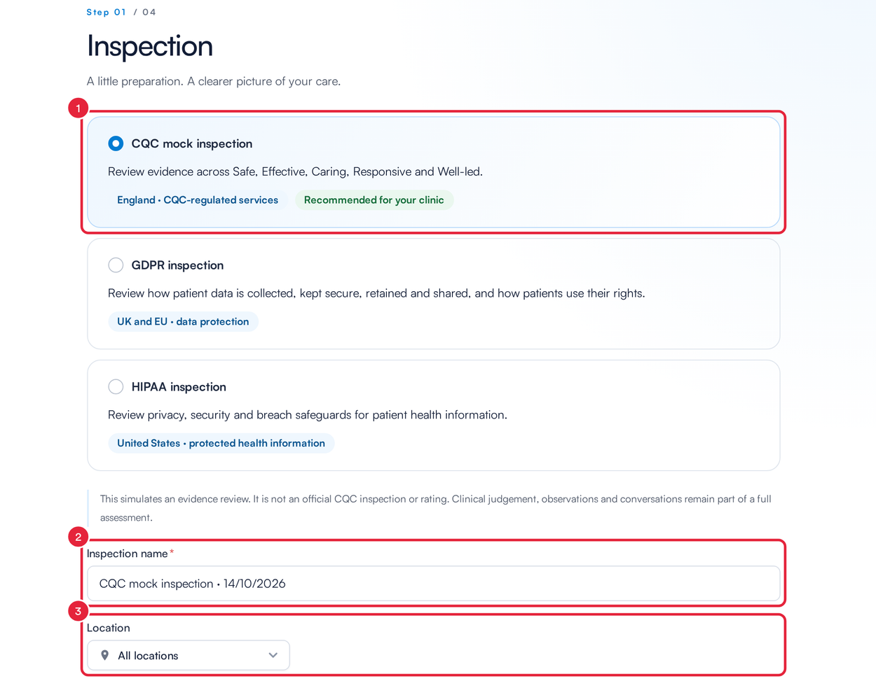 Step 1 of the Inspection studio with the framework choice, Inspection name and Location marked
