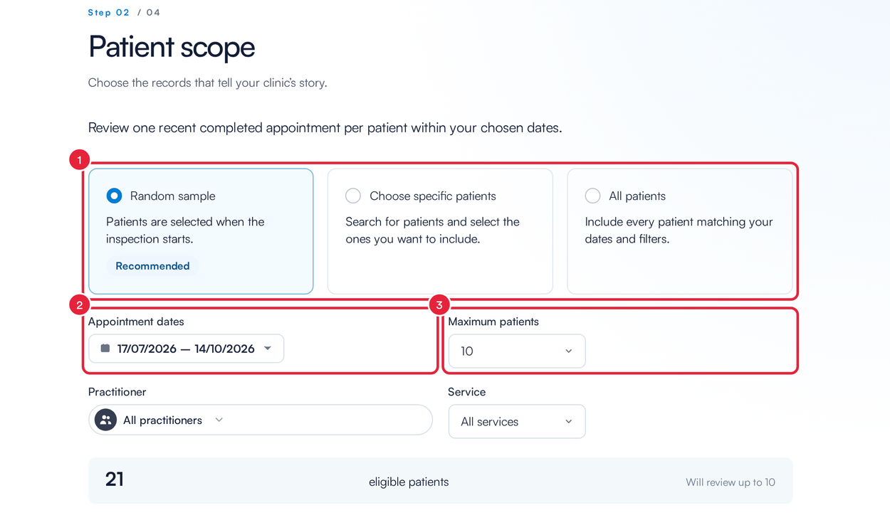 The Patient scope step with the sampling options, Appointment dates and Maximum patients marked