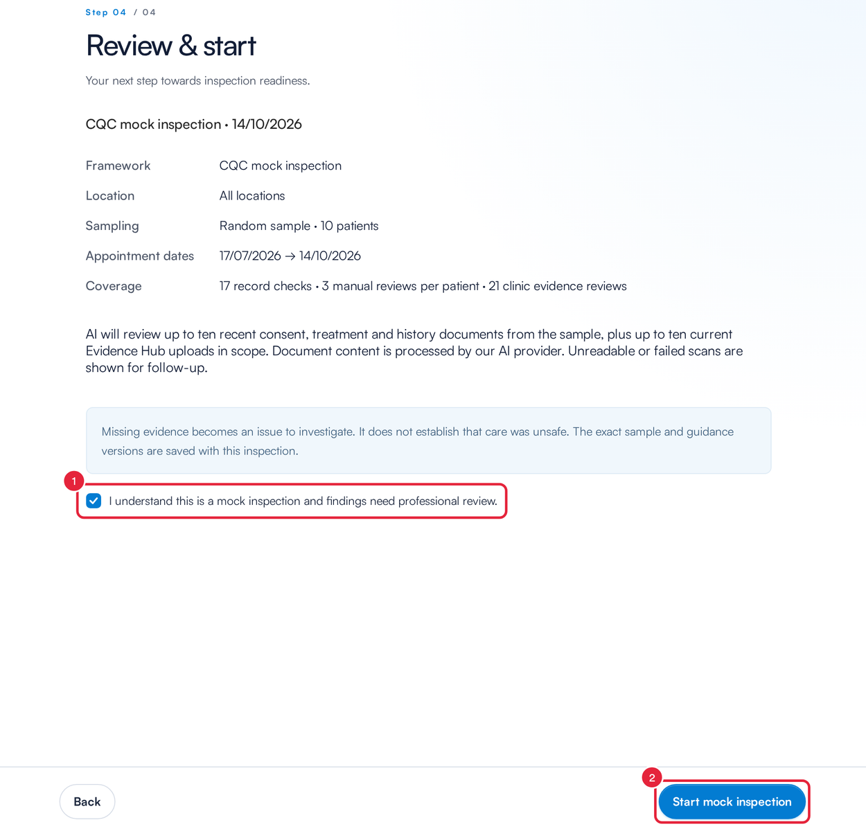 The Review and start step with the acknowledgement checkbox and the Start mock inspection button marked