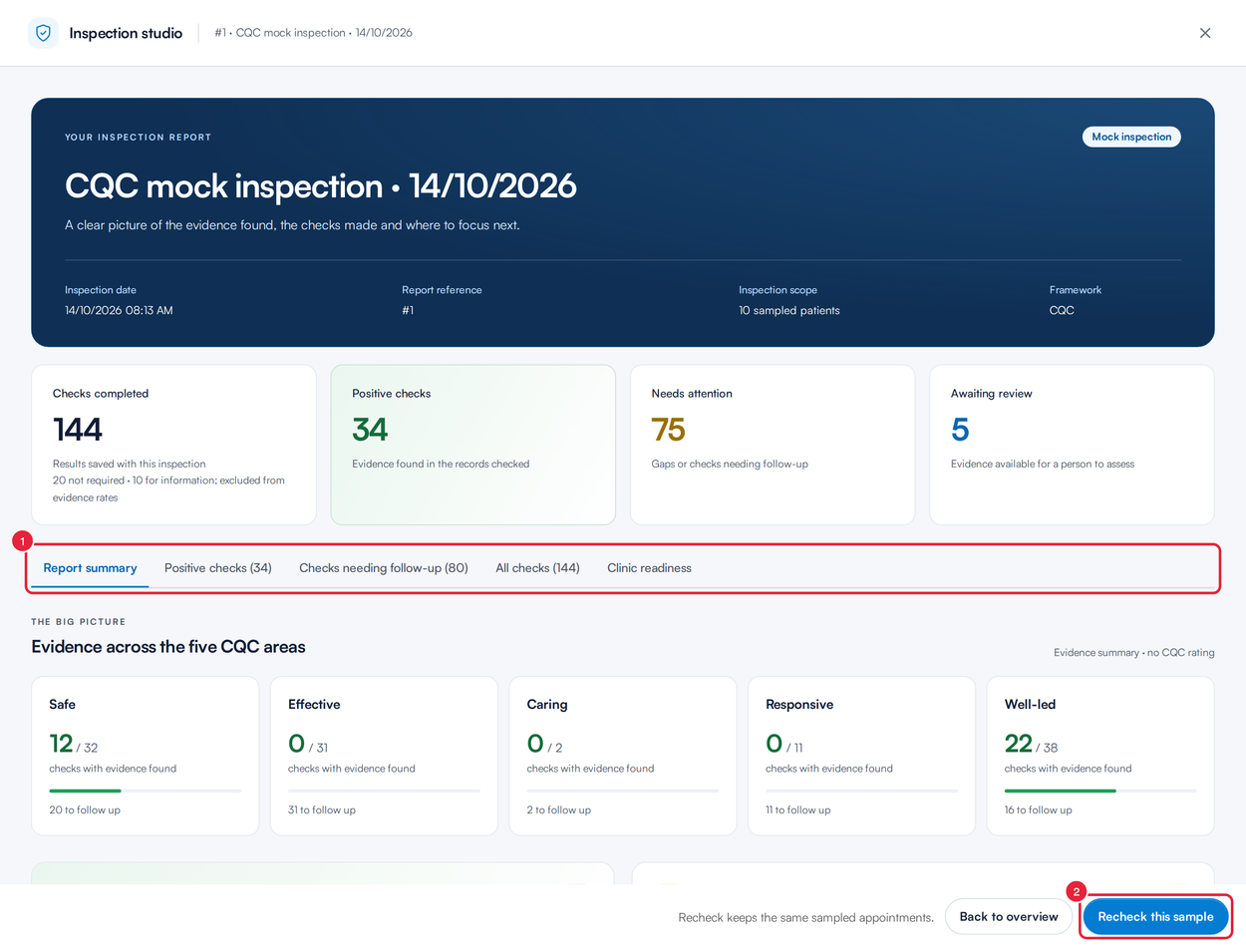 An inspection report with the report tabs and the Recheck this sample button marked