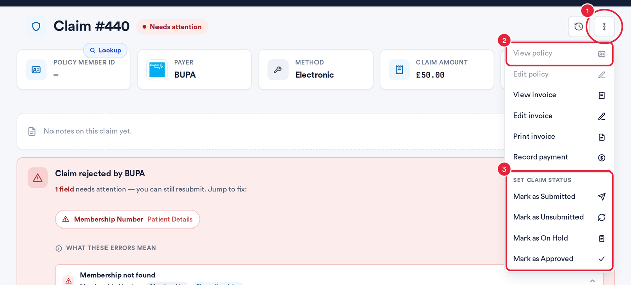 The claim header's More actions menu open, with a greyed-out View policy item and the Set claim status section marked