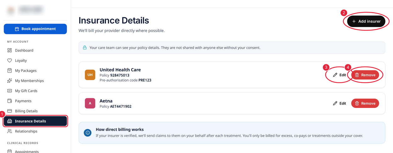 The Insurance Details page in the client portal with the menu item, Add insurer, Edit and Remove marked