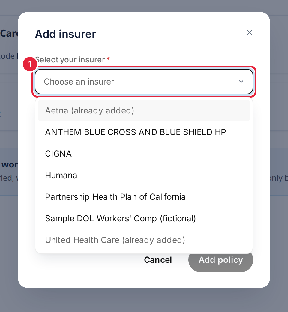 The Add insurer window with the Select your insurer list open and an insurer marked as already added