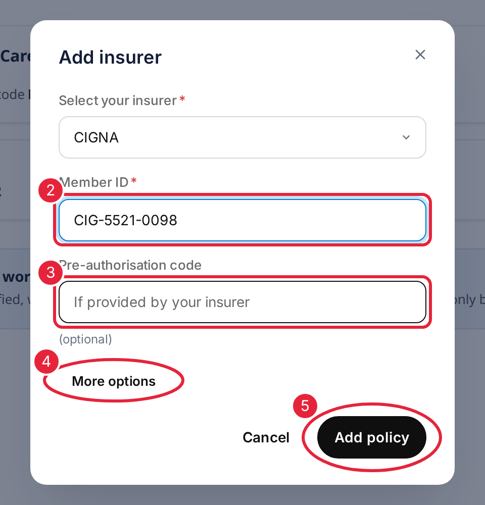The Add insurer window with Member ID, Pre-authorisation code, More options and Add policy marked