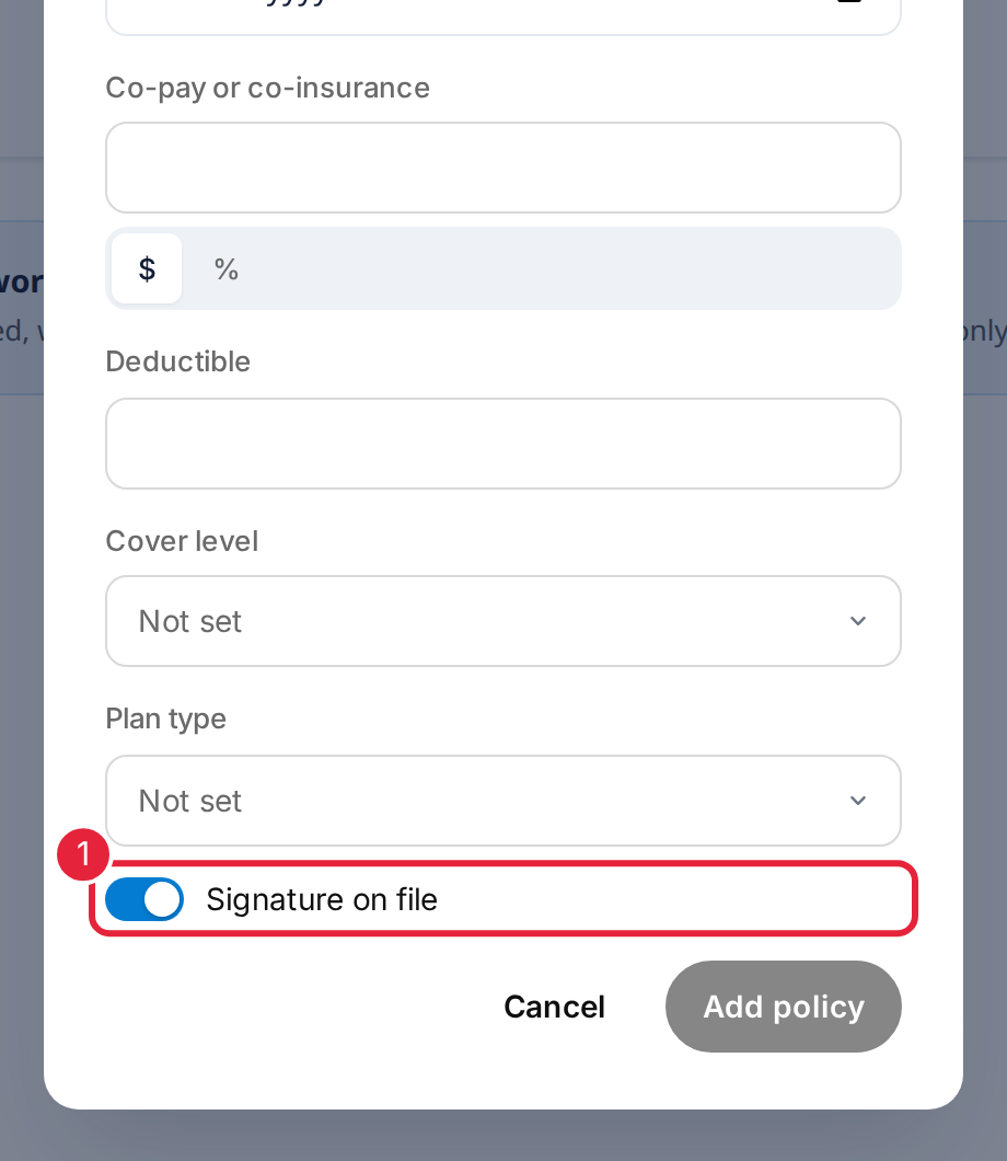 More options in the Add insurer window with the Signature on file switch marked