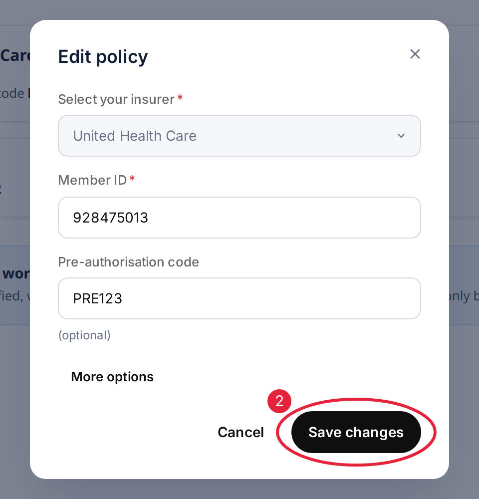 The Edit policy window with the Save changes button marked