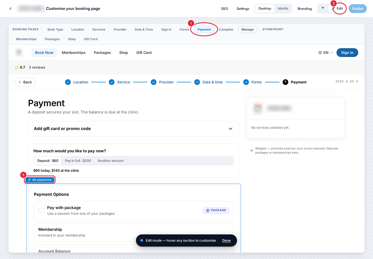 Pabau Studio on the Payment page with the Payment tab, the Edit button and the Alt payments label marked