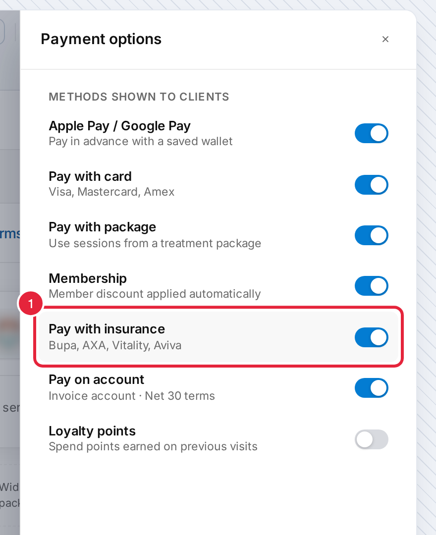 The Payment options panel with the Pay with insurance switch turned on and marked