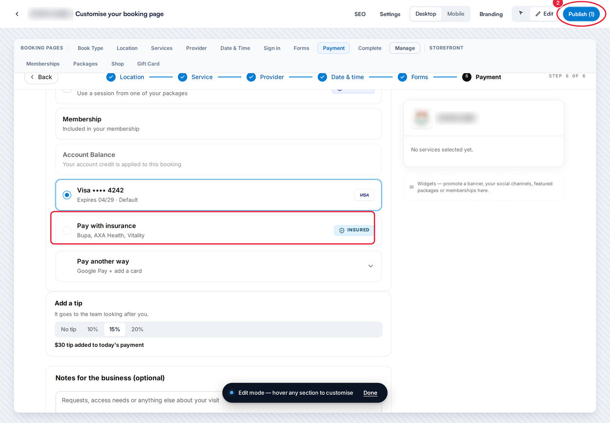 The Studio preview showing Pay with insurance under Payment Options, with the Publish button marked