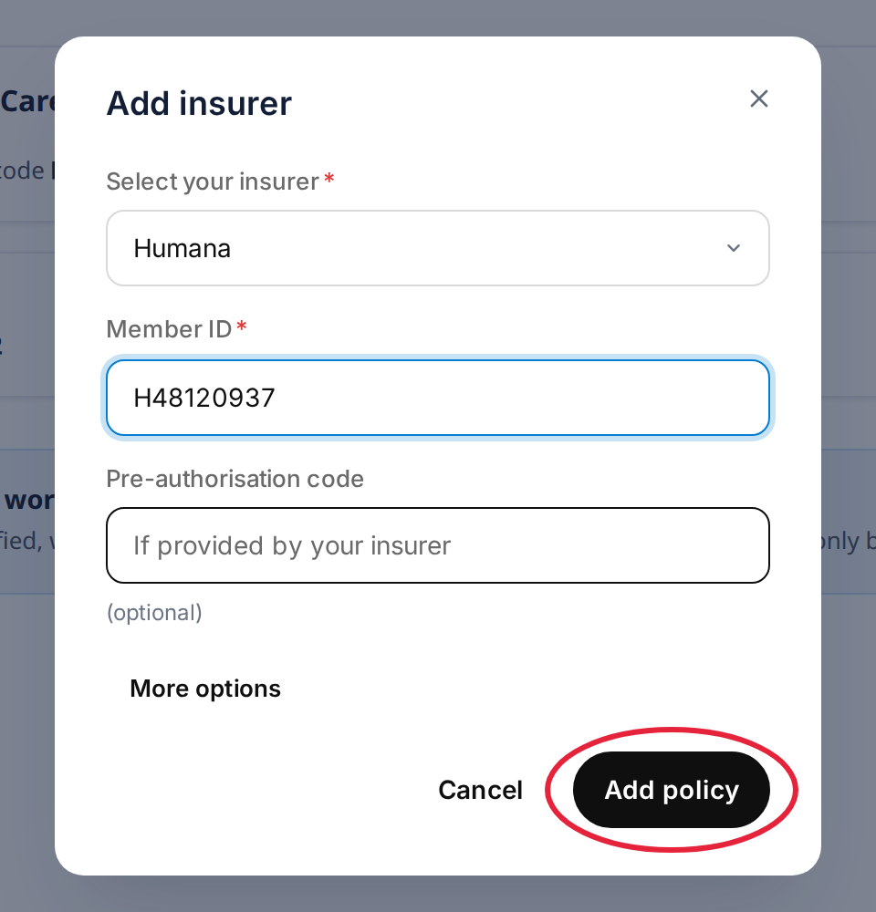 The Add insurer window with an insurer chosen, a member ID entered and the Add policy button marked