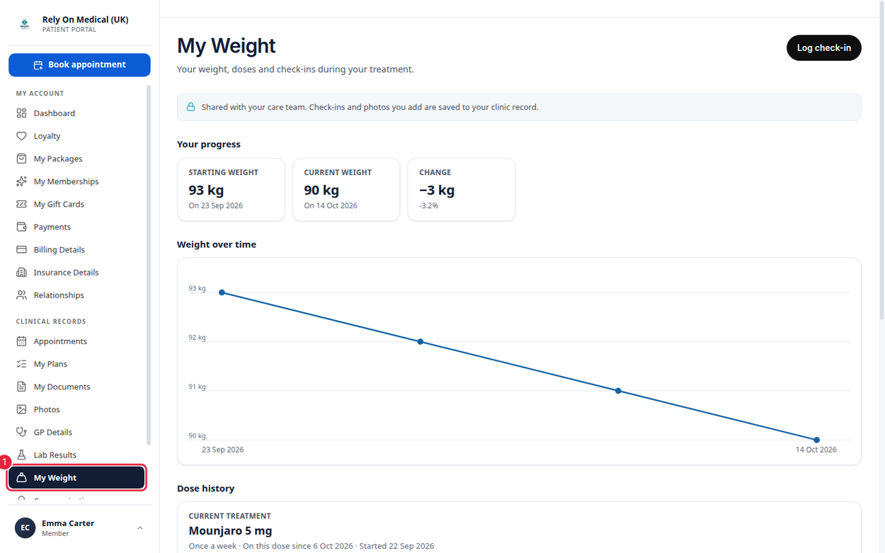 The client portal menu with My Weight selected under Clinical Records