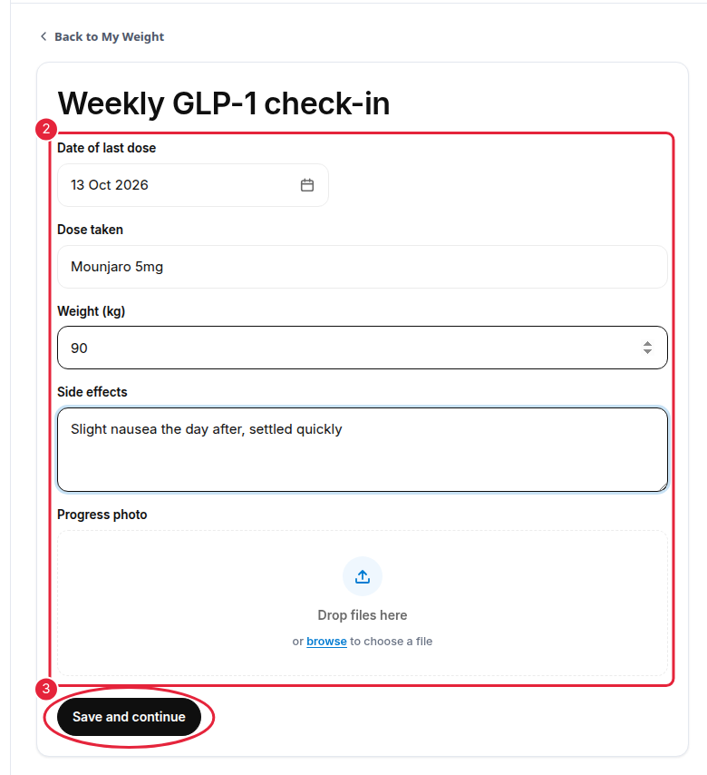 A completed weekly check-in form with the Save and continue button marked