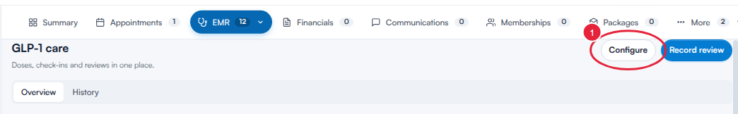The top of the GLP-1 care tab with the Configure button marked