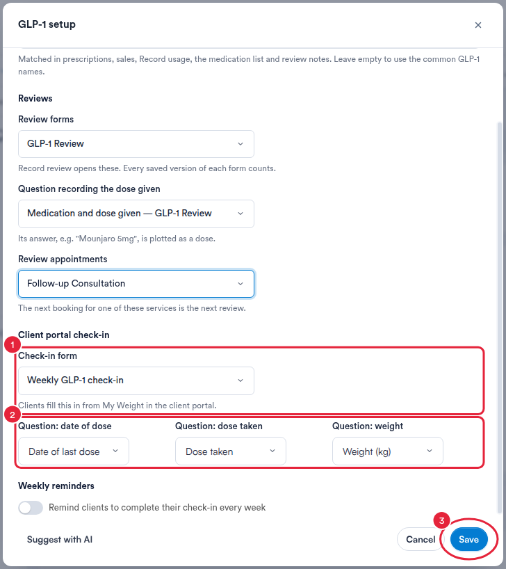 The Client portal check-in section of the GLP-1 setup with the check-in form, the three question fields and Save marked