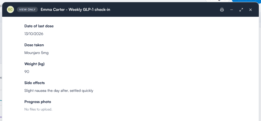 A client's weekly GLP-1 check-in opened view only, showing the date of last dose, dose taken, weight and side effects