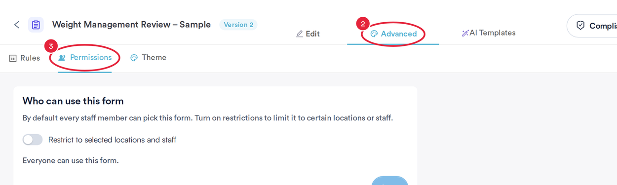 The form builder with the Advanced tab and the Permissions tab marked