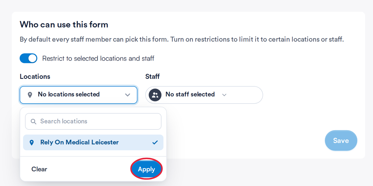 The Locations picker open with a location ticked and the Apply button marked