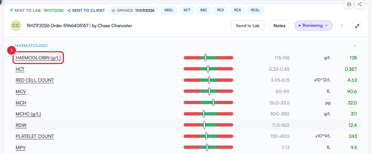 An opened lab result with the HAEMOGLOBIN biomarker name marked
