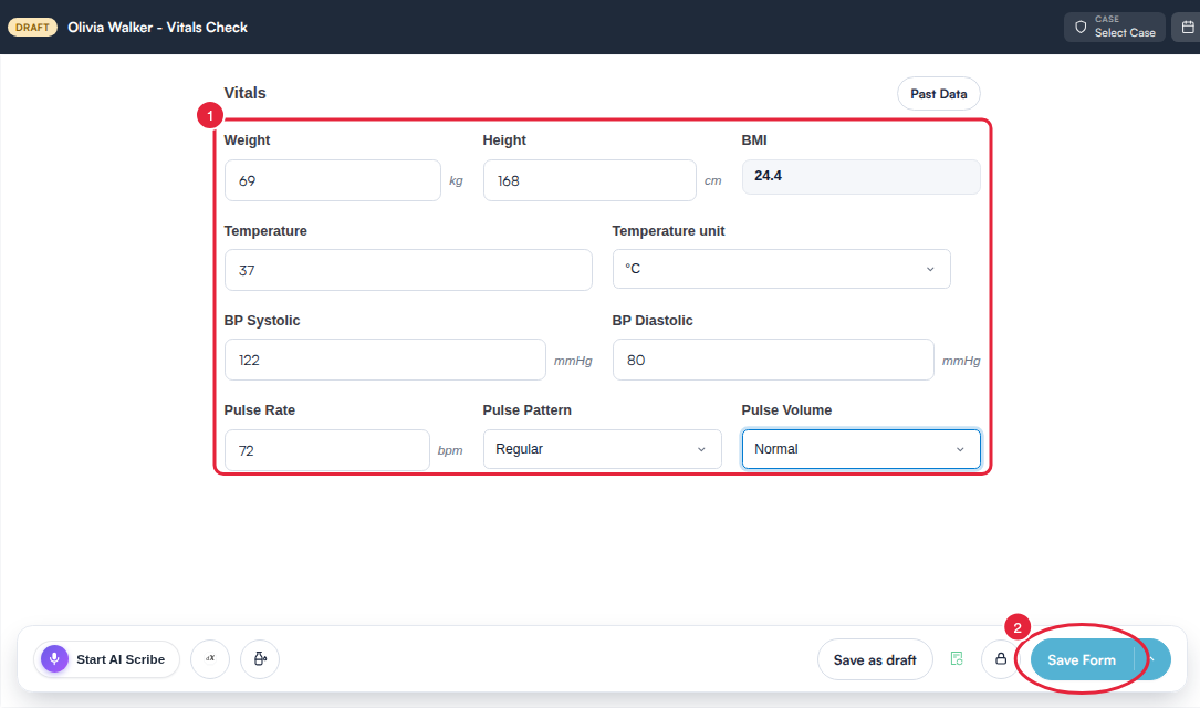 A treatment note with the Vitals fields filled in and the Save Form button marked