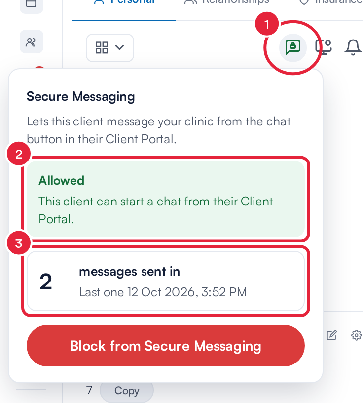 The Secure Messaging icon on the client card and its panel, with the Allowed status and the message count marked