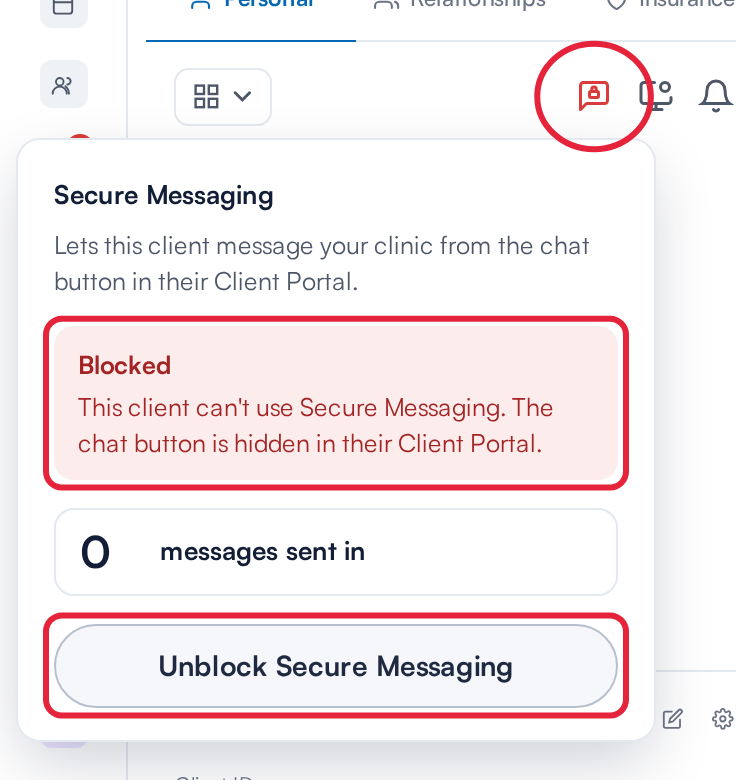 The Secure Messaging panel showing Blocked, the red icon and the Unblock Secure Messaging button