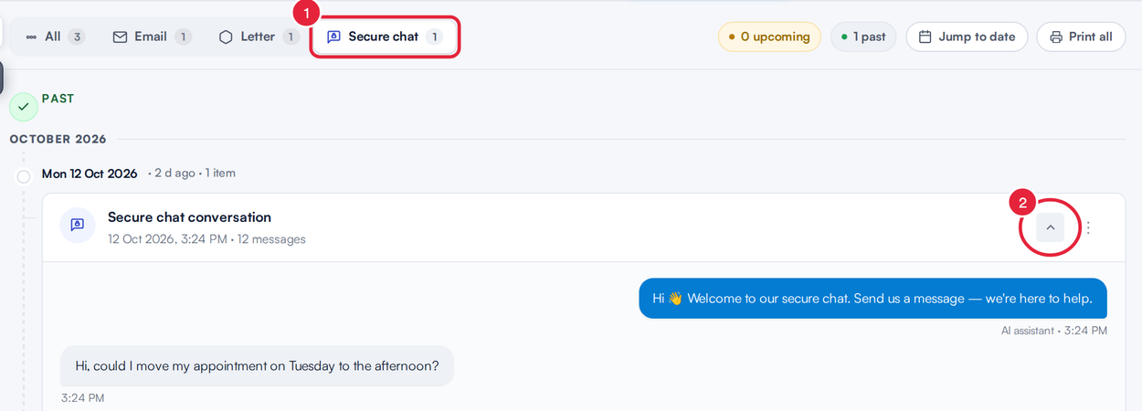 The Communications tab filtered to Secure chat with a conversation expanded