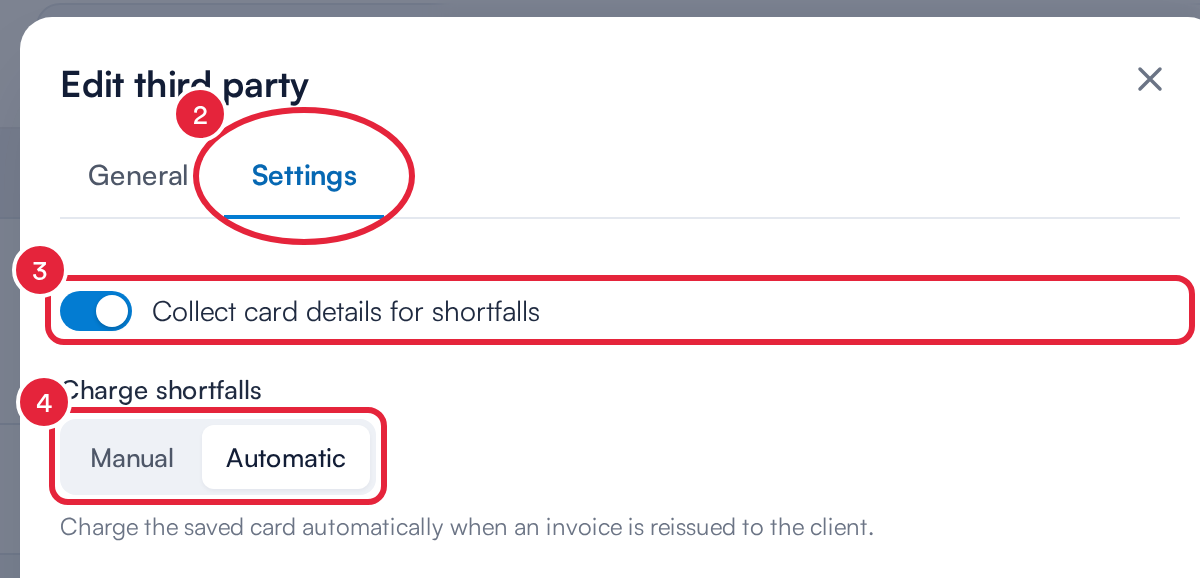 The insurer's Settings tab with Collect card details for shortfalls switched on and Charge shortfalls set to Automatic