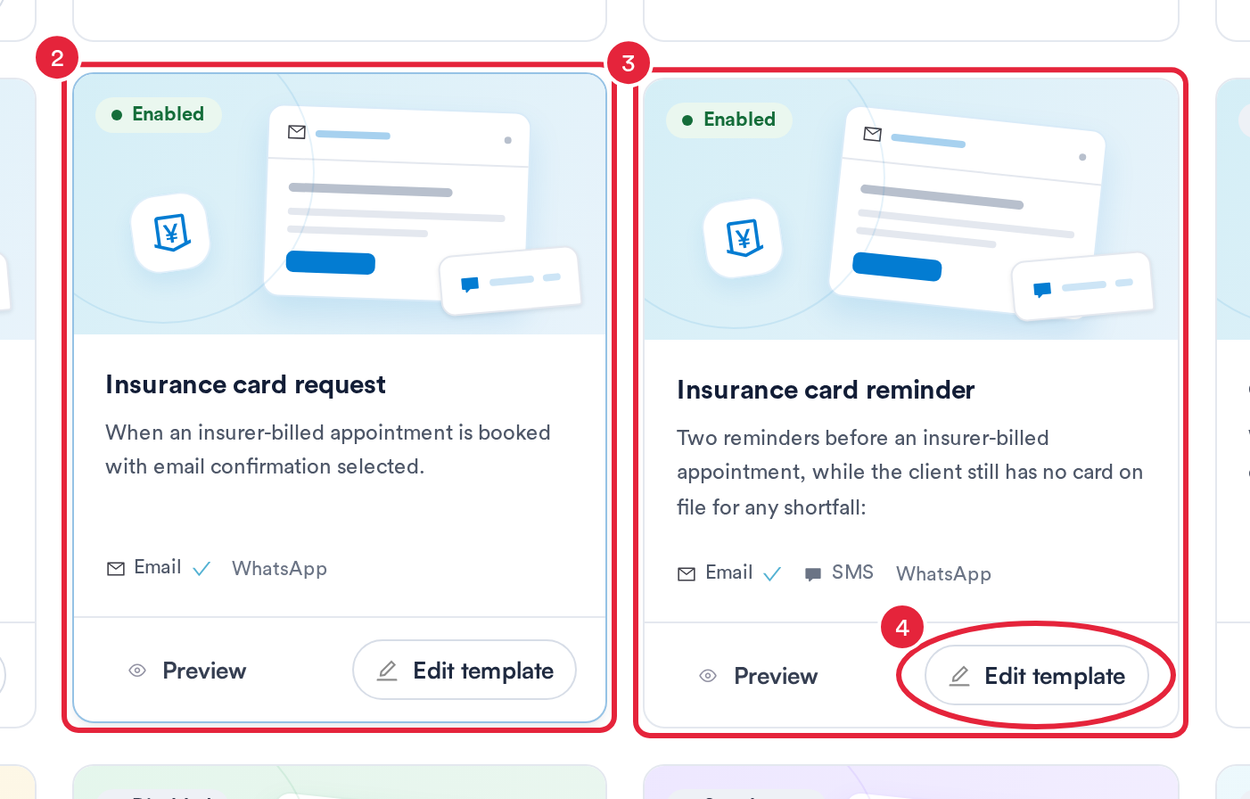 The Insurance card request and Insurance card reminder tiles in Notification Messages, with Edit template marked