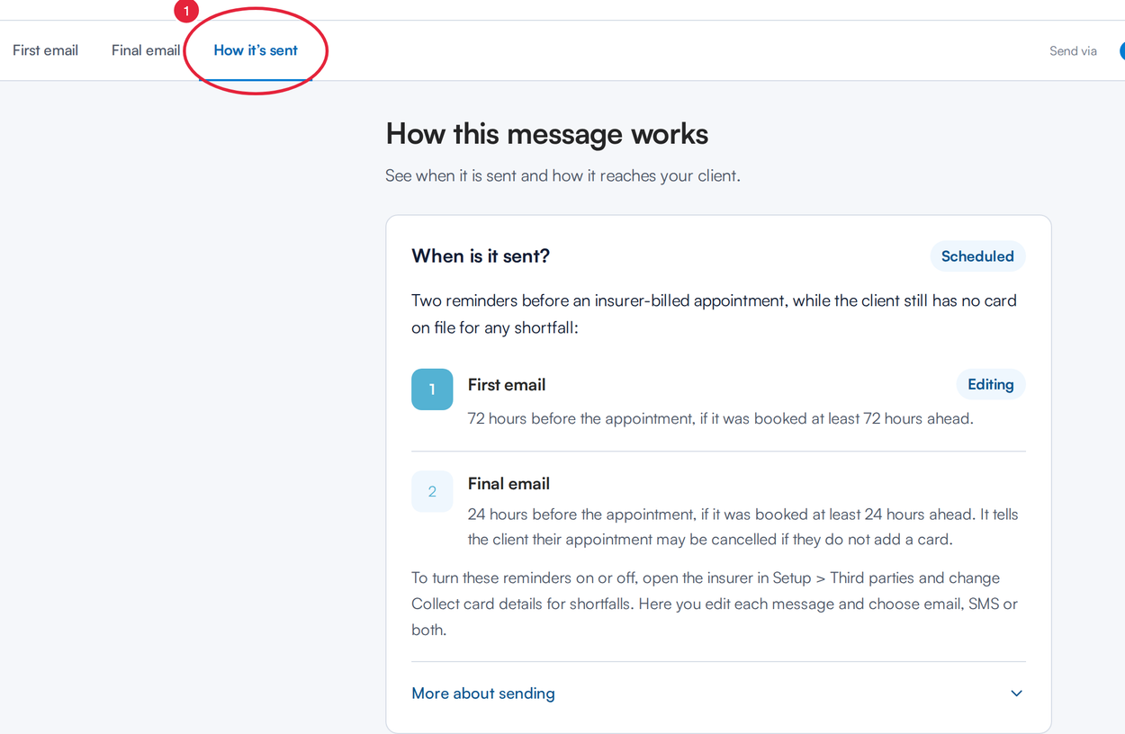 How it's sent showing the first email 72 hours before and the final email 24 hours before the appointment