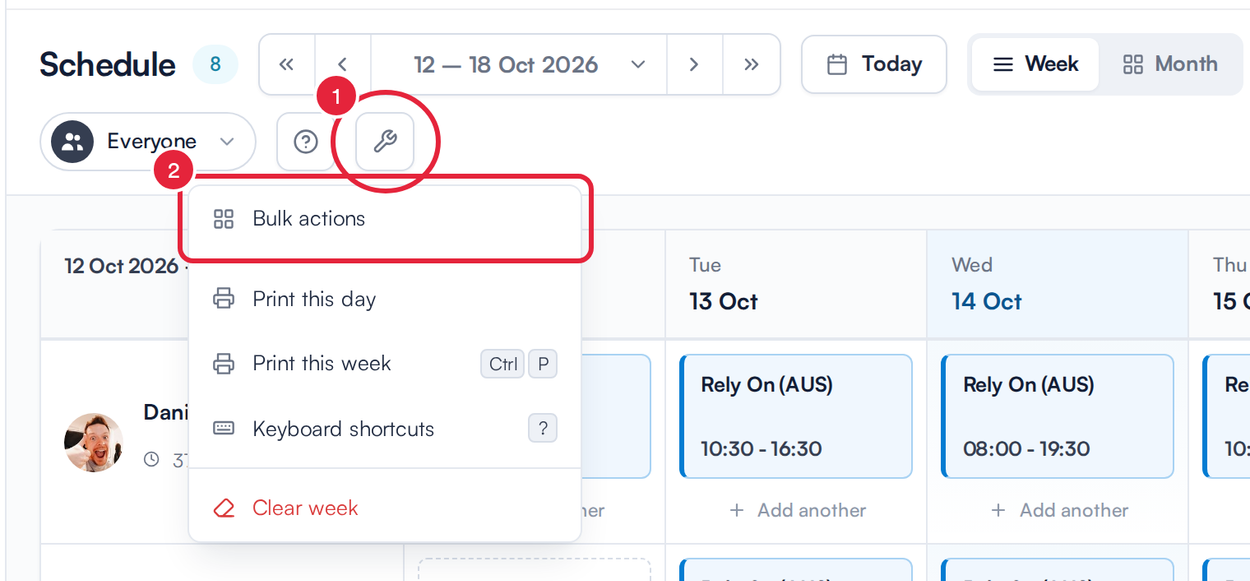 The Schedule Tools menu open with Bulk actions marked