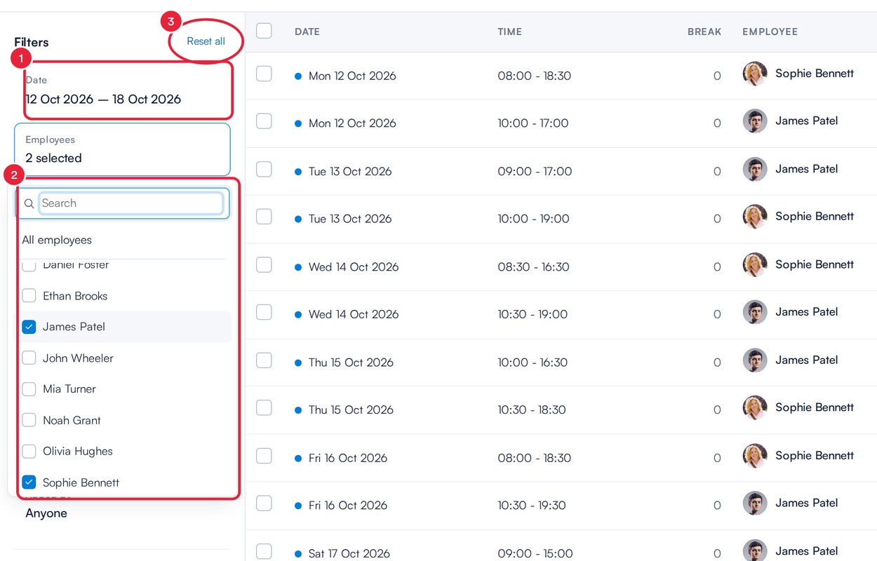The Bulk actions filters with Date set to this week and two employees ticked