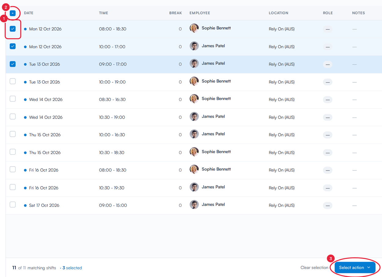 Three shifts ticked in the Bulk actions list and the Select action button marked