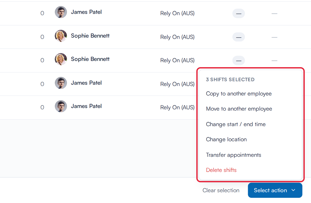 The Select action menu listing the six bulk actions
