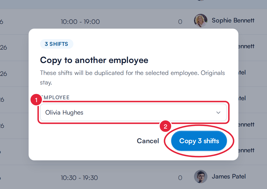 The Copy to another employee window with an employee picked and Copy 3 shifts marked