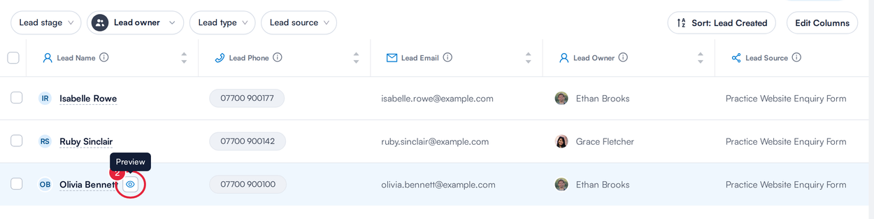 A row in the Leads list with the Preview eye icon next to the lead name marked