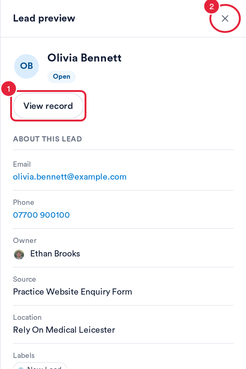 The Lead preview panel with View record and the close button marked