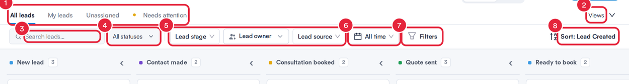 The Leads toolbar with the tabs, Views, search, Lead status, quick filters, date filter, Filters and Sort marked