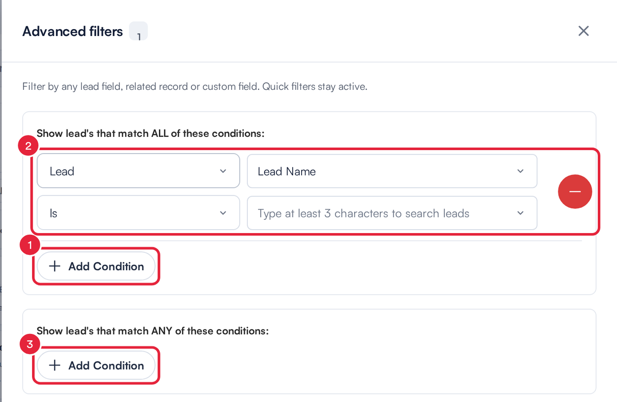 The Advanced filters panel with Add Condition in the ALL group, a condition row and Add Condition in the ANY group marked
