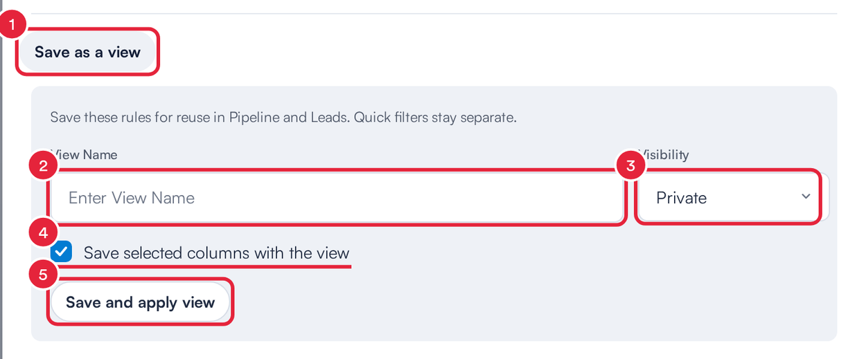The Save as a view section with the view name, visibility, save columns option and Save and apply view marked