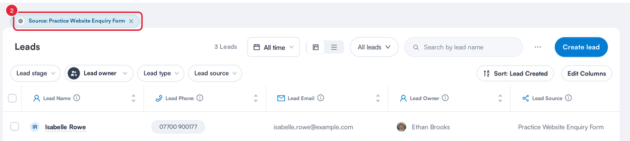 The Leads list filtered to one marketing source with the Source chip marked
