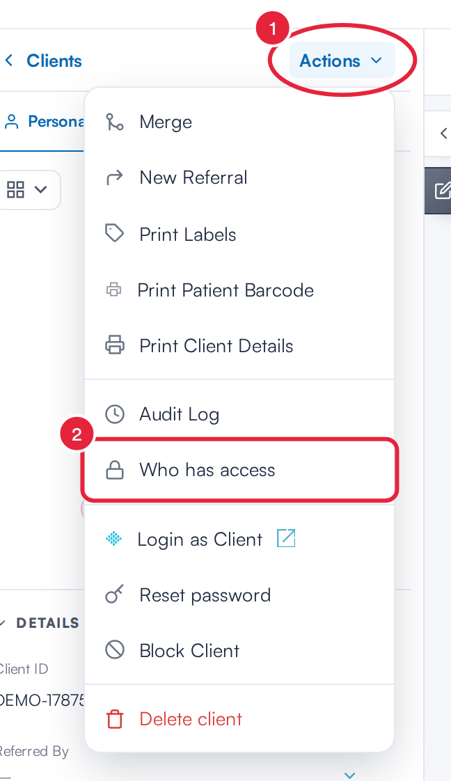 The Actions menu on the client card with Who has access marked