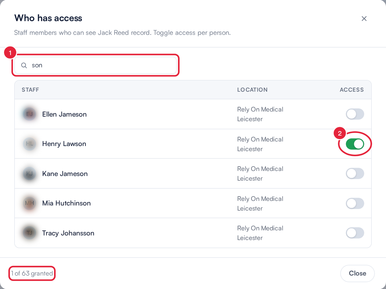 The Who has access window with the search box and one team member's Access switch turned on, and the granted count