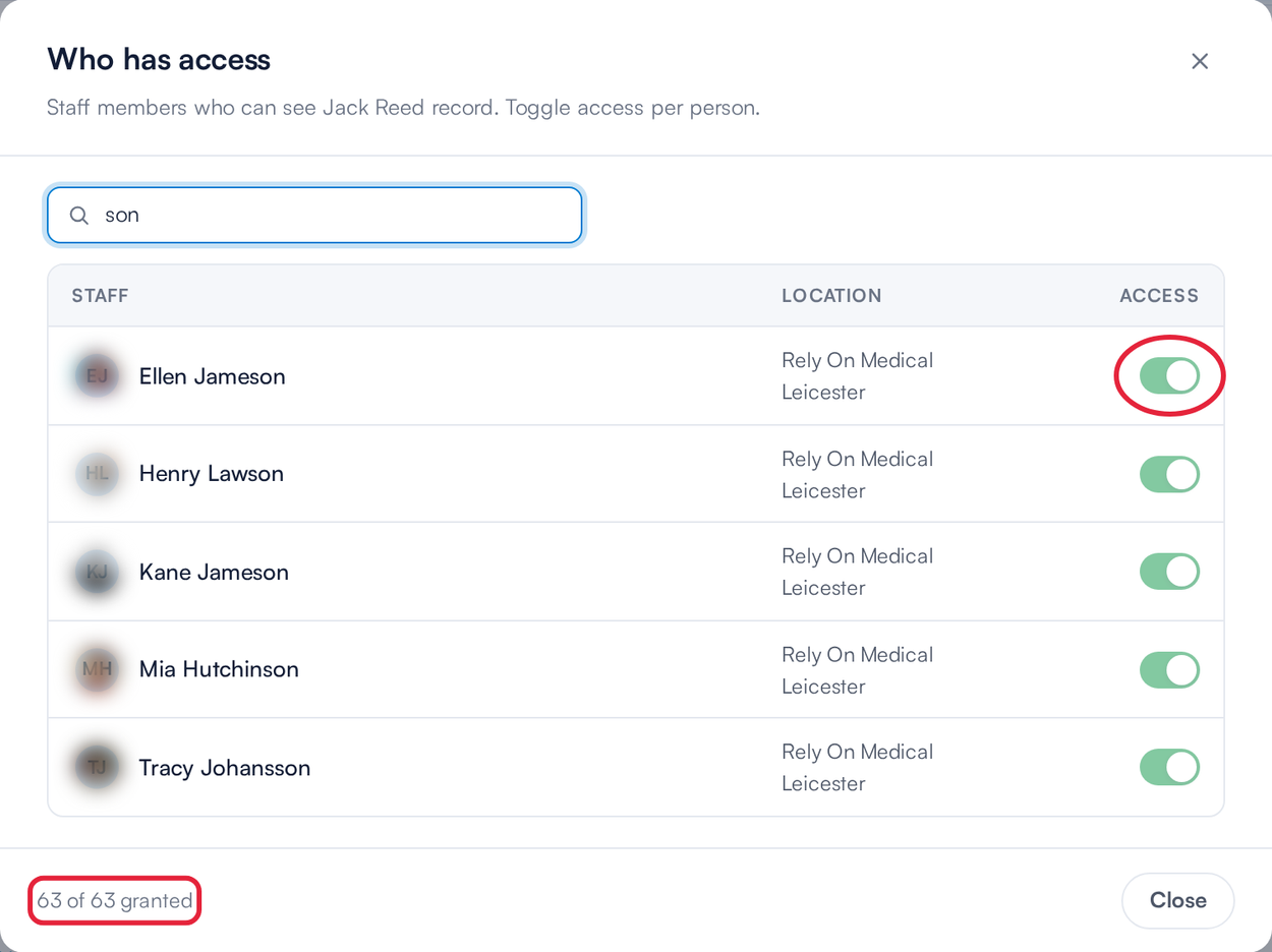 The Who has access window for a Public client, with every Access switch on and locked