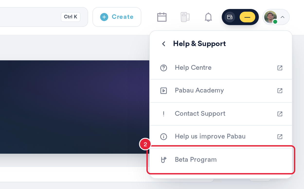 The Help and Support menu with Beta Program marked