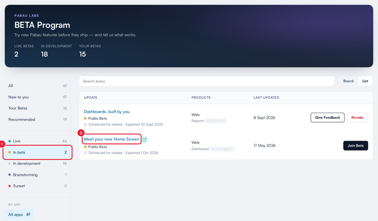 The BETA Program page with the In beta filter and a beta's name marked